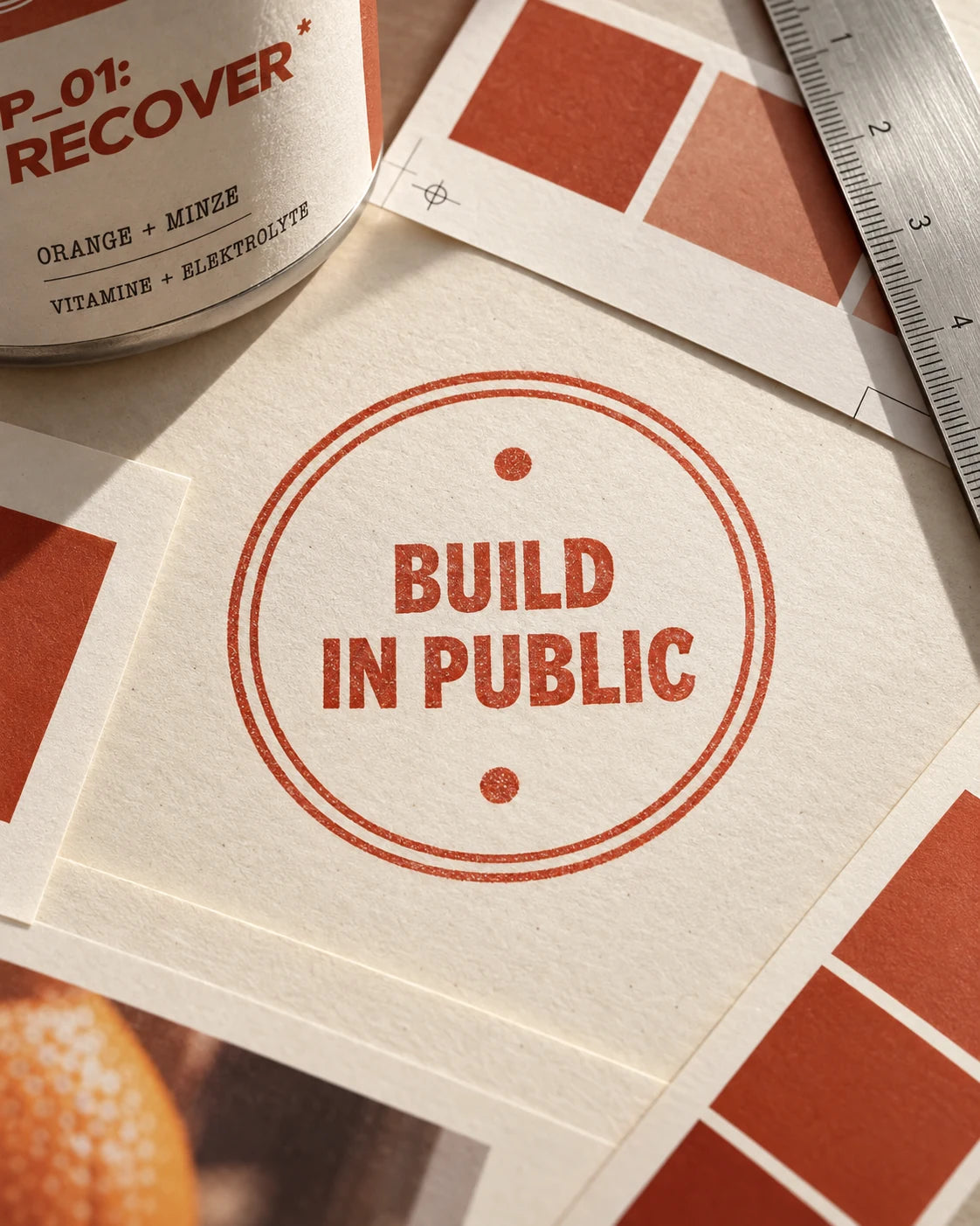 Der originale Build-in-Public-Stempel von DREP auf gedruckten Entwürfen