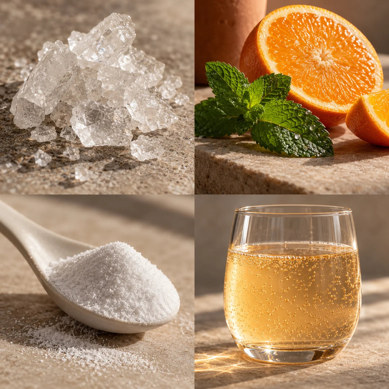 Mineralstoffkristalle, Orange und Minze, feines Pulver und ein prickelnder Drink als Zutatenvisuals