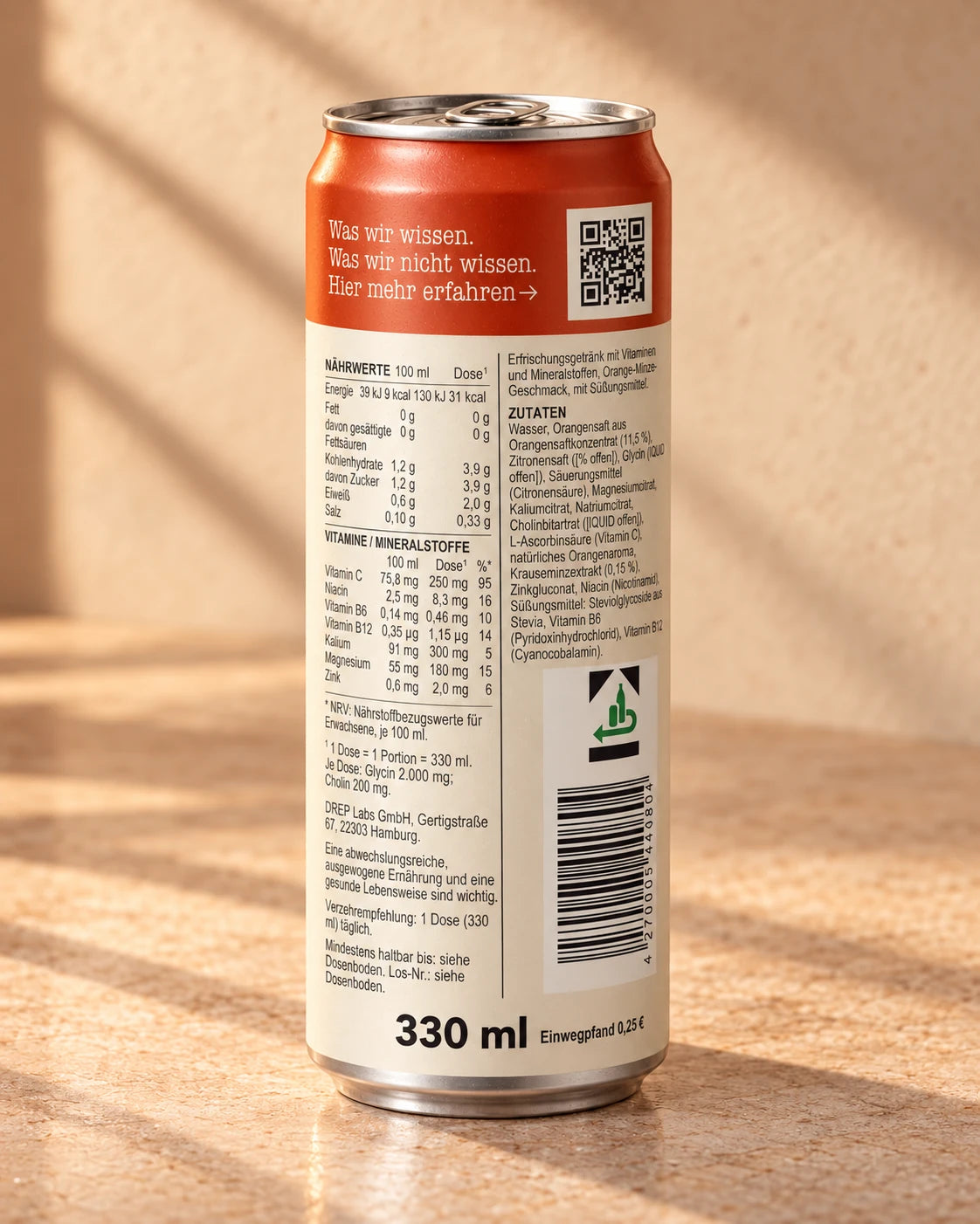 DREP-Rückseite mit QR-Code, Nährwerten und Zutaten nach dem Verpackungslayout
