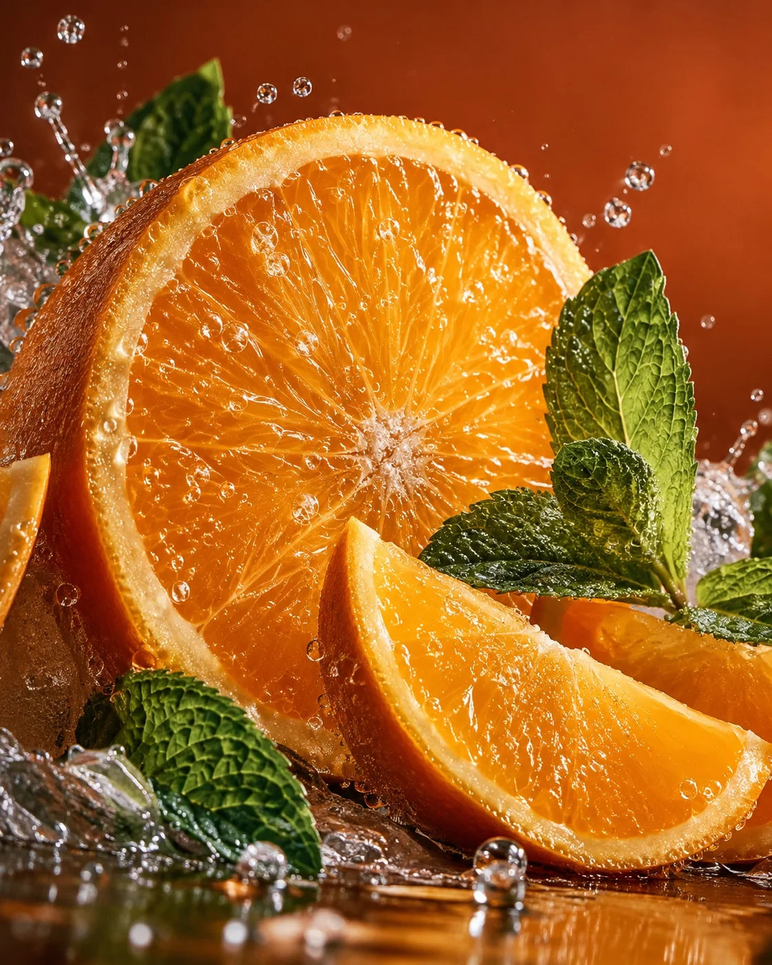 Saftige Orangen und frische Minze mit feinen Sprudelbläschen